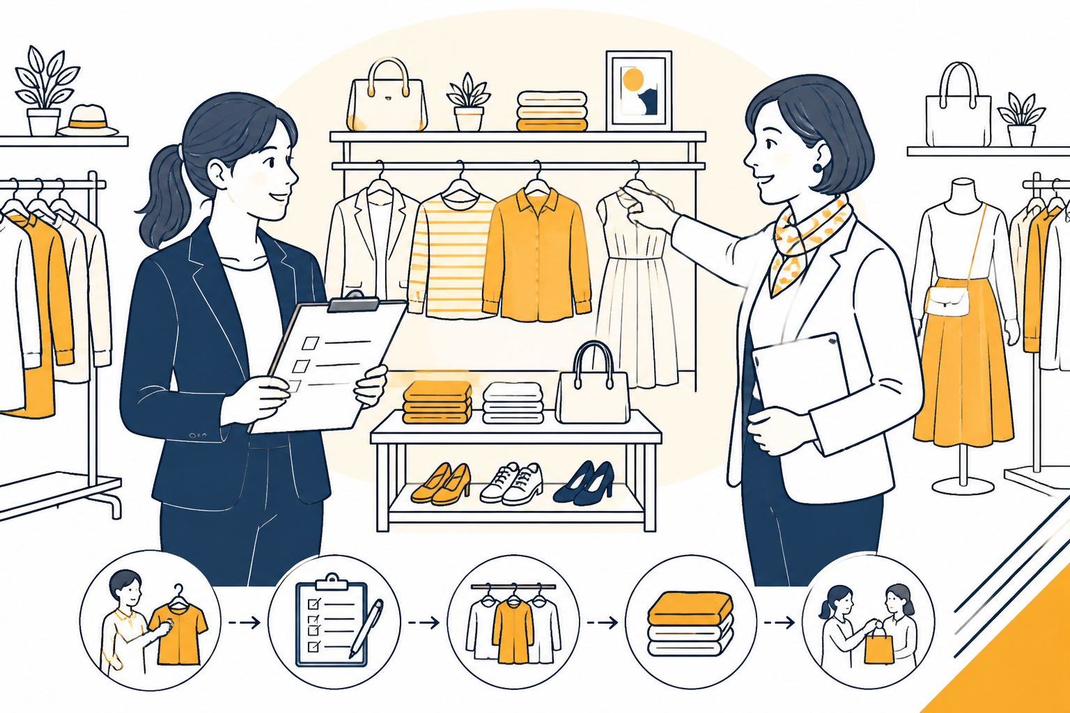 明るい衣料品店で、女性がクリップボードを持ち、販売マネージャーと商品配置について話している。
