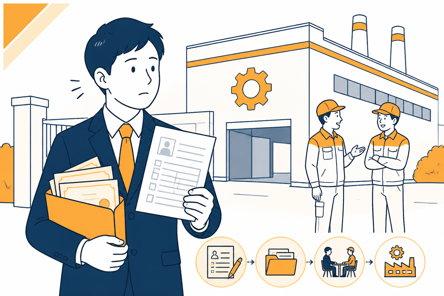 若い求職者が製造工場の前で緊張しながら応募書類を持っている。