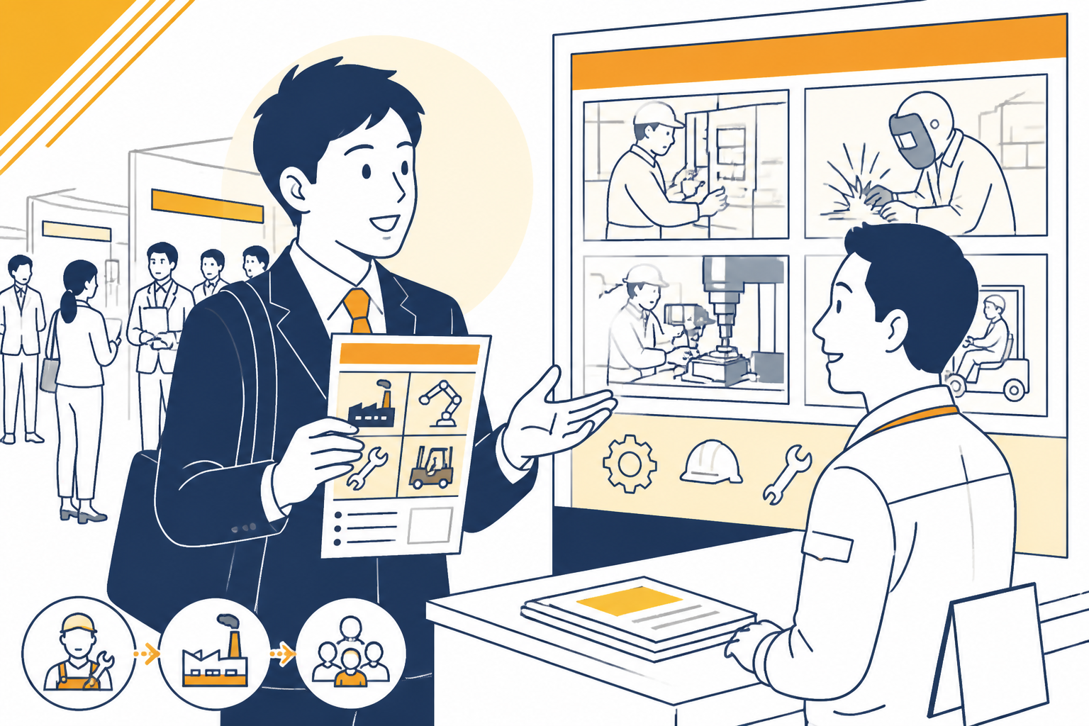 若い男性がリクルートフェアで企業担当者と話している。