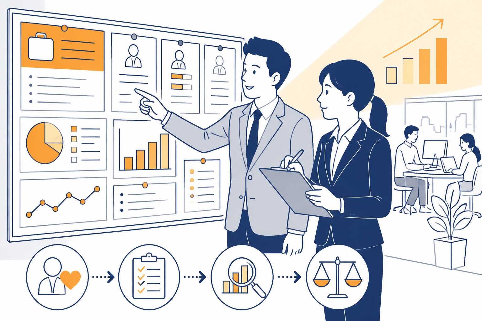 スーツ姿の求職者が掲示板の前でメンターと話し合う。