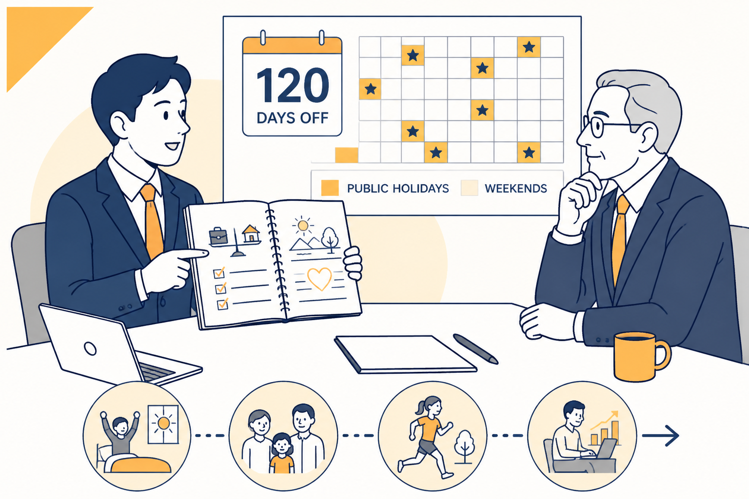 若いプロフェッショナルが採用マネージャーと話し合い、壁のカレンダーに120日の休日が示されている。