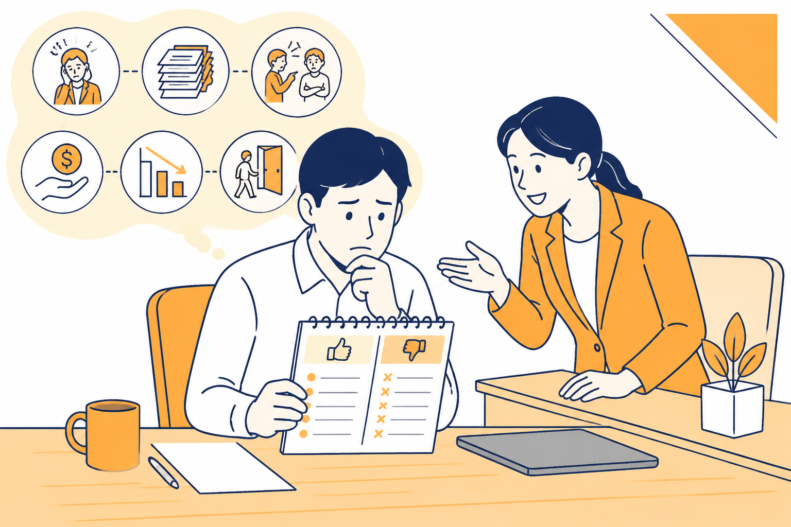 明るいオフィスで、求職者が辞職理由を考えている。