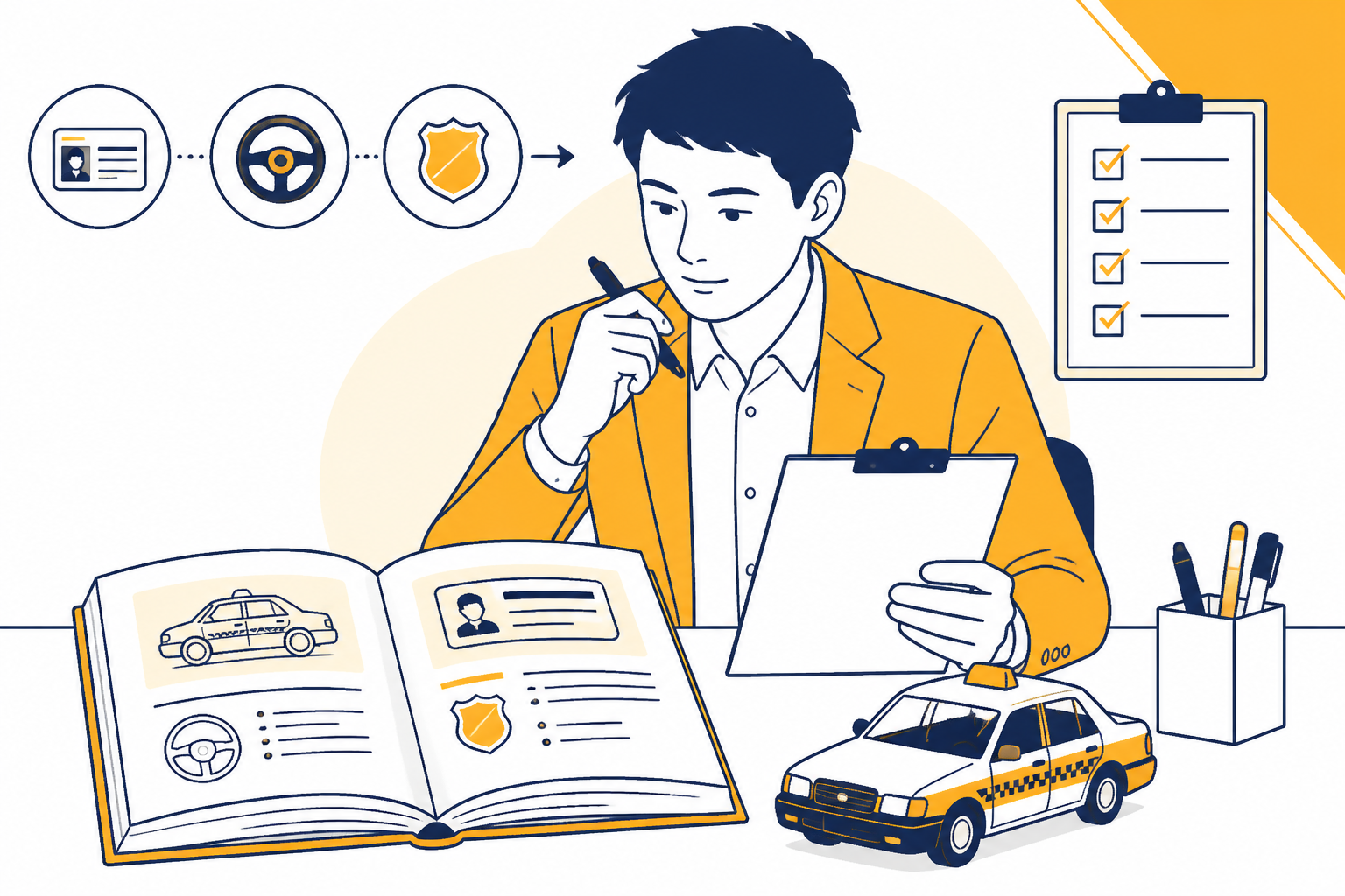 タクシー運転手候補がデスクで規則のマニュアルを勉強中。
