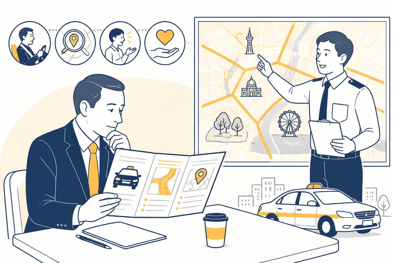 スーツ姿の中年男性がタクシー運転のパンフレットを読み、制服の若い指導者が地図を指差している。