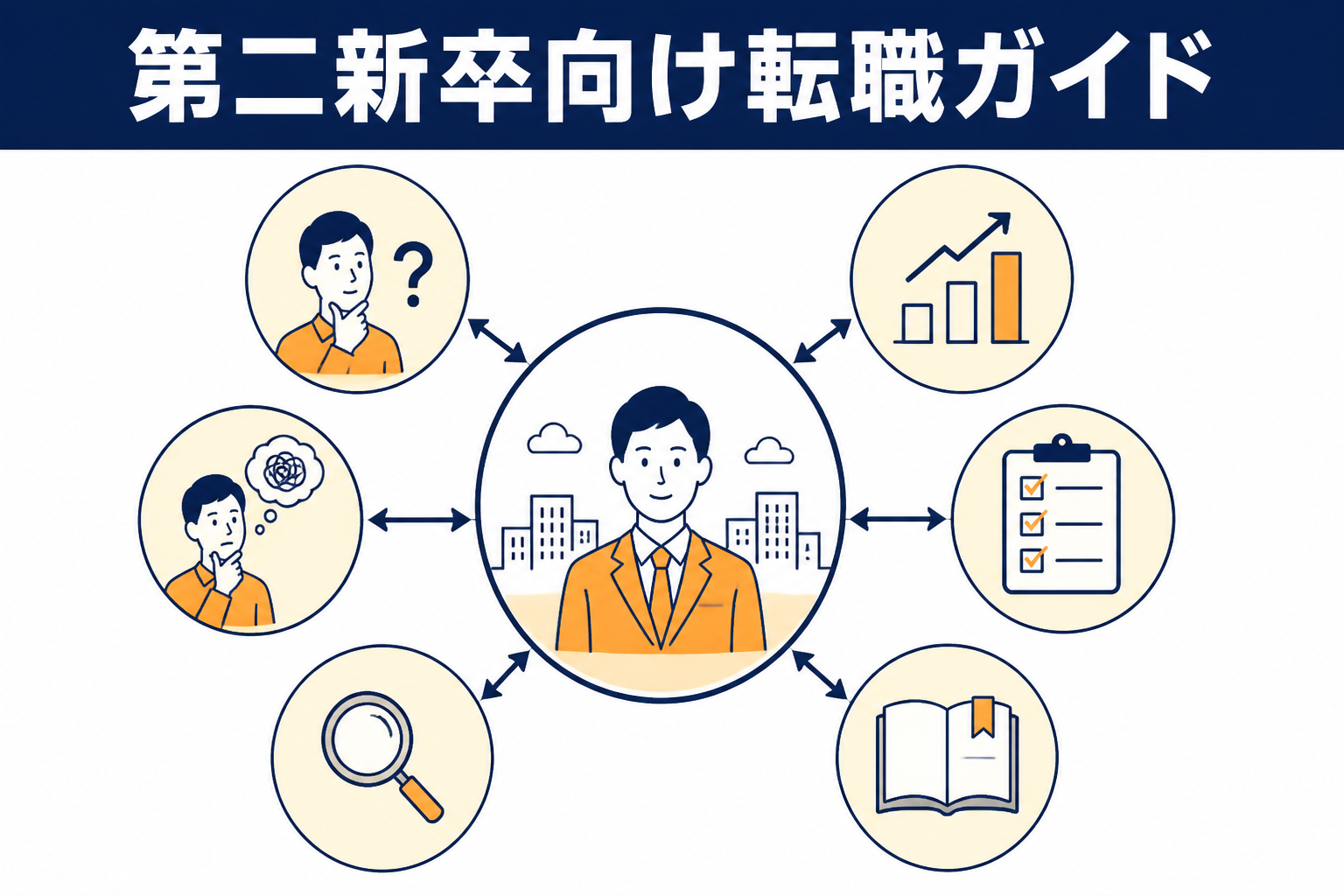 中央に「第二新卒」と書かれた円から六つの小円が矢印で繋がっている図。